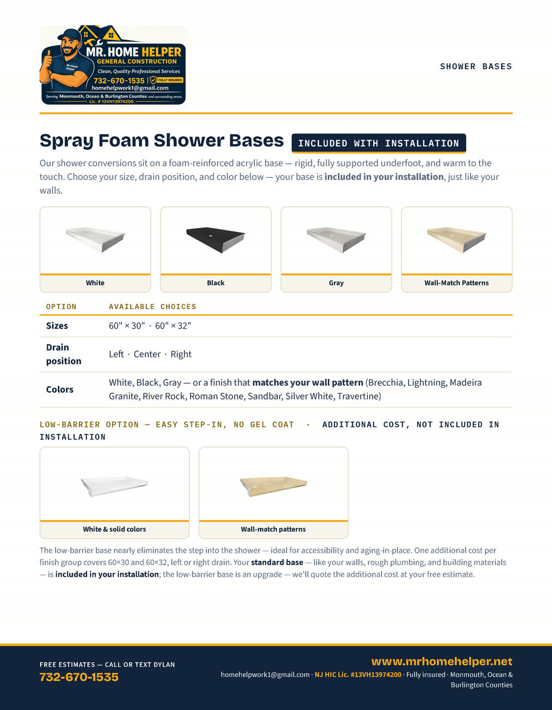 Catalog page 7 — Spray foam shower bases and low-barrier options