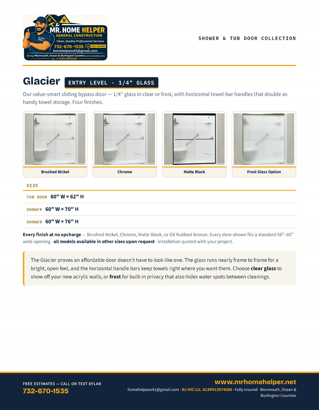 Catalog page 12 — Glacier shower and tub doors