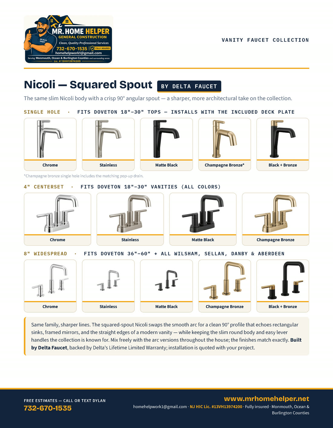 Catalog page 27 — Nicoli squared spout vanity faucets